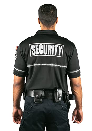 First Class Security Badge and Patch Bike Patrol Polo Shirt with Zipper Pocket and Reflective Hash Stripes (Medium, Black with White ID)