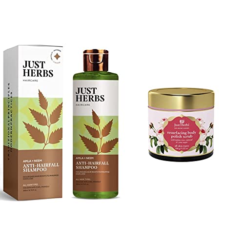 Image of Just Herbs 8 In 1 Root Nourishing Amla Neem Hair Fall Control Shampoo 200 Ml & Just Herbs Ayurvedic Resurfacing Body Polish Exfoliating Scrub