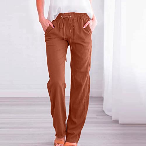 Image of Linen Pants Women High Waisted Drawstring Casual Pant Cotton Linen Straight Leg Lounge Trousers with Side Pockets