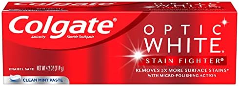 Colgate Optic White Stain Fighter Whitening Toothpaste, Clean Mint Flavor, Safely Removes Surface Stains, Enamel-Safe for Daily Use, Teeth Whitening Toothpaste with Fluoride, 4.2 Oz Tube