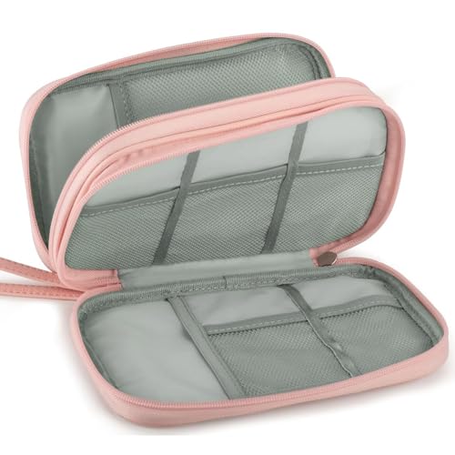 Teskyer PU Leder Kabeltasche Organizer, Doppelschicht Reise Elektronik Zubehör Kabel Organizer Tasche, Tragbare Tech Pouch für Ladegeräte, Kabel, Power Bank, SM05 - Rosa