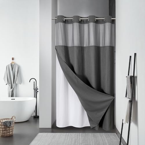 No Hook Waffle Shower Curtain with Snap-in Liner, 60x74 Inch, Charcoal