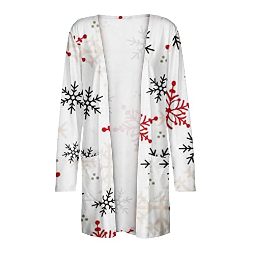 Casual Christmas Cardigan For Women Open Front Long Sleeve Cardigans With Pocket Santa Claus Snowman Graphic Kimono Tops White #TOP4