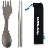 COOK'N'ESCAPE チタン カトラリーセット 三徳スプーン＆チタン箸 超軽量44g メッシュ収納袋付き アウトドア カトラリー キャンプ 登山用 食品衛生基準適合 金属アレルギー対応 無塗装 ソロキャンプ バイクツーリング 弁当用