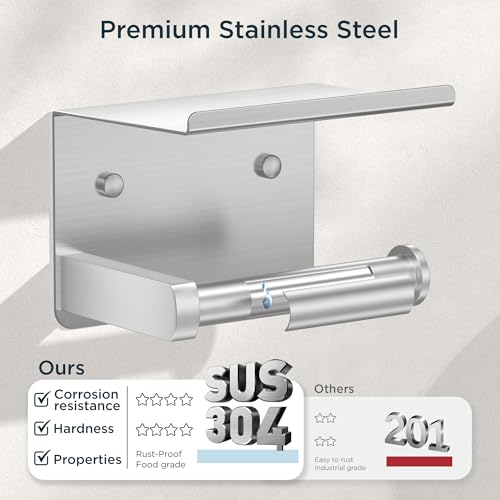 FORIOUS Toilet Paper Holder with Shelf, Adhesive or Screw Wall Mount Toilet Roll Holder for Bathroom, Rustproof 304 Stainless Steel Commercial Toilet Tissue Holder with Storage, Brushed Nickel - Thumbnail 5