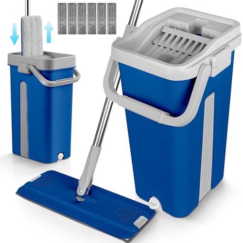 JUPPLIES Mopa Fregona con Cubo Escurridor Doble Compartimento 7,5 L – Sistema 360° con Mango Telescópico y Recambios de Microfibra para Suelos, Paredes y Azulejos (Azul, 6 Recambios)