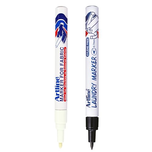 Artline Fabric Pens for Clothes Black Laundry Marker Pen & White Marker for Dark Materials Quick-Dry Ink 0.7mm & 1.2mm Bullet Tips Ideal for Labelling & Design Genuine Fabric Markers