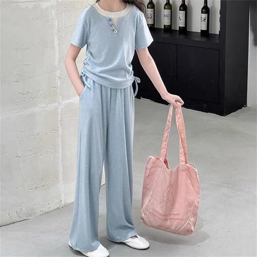 BILIKEYU Girls Summer Outfits Short Sleeve V Neck Side Pleated T Shirts and Elastic Waist Baggy Wide Leg Pants4