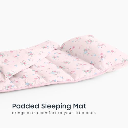 Image of Wake In Cloud - Toddler Nap Mat with Pillow and Blanket, 100% Cotton Fabric, for Kids Girls Ages 3 Plus in Daycare Kindergarten Preschool, Floral Botanical Flowers