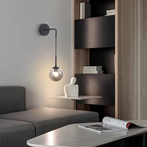 Image of BOKT Modern Smoke Gray Glass Ball Wall Sconce Lighting Mid Century Matte Black Wall Mount Light Fixture Vanity Globe Bathroom Wall Lamp (Black+Smoke Gray)