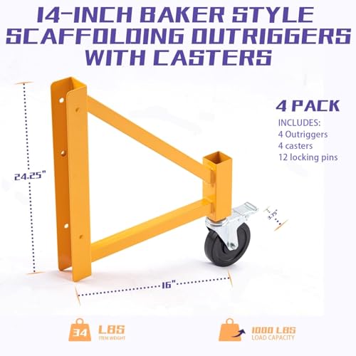 Image of 4 Packs Scaffolding Safety Accessory Outriggers w /Casters,14 inch Steel 6ft Baker Style,1000Lbs Load Capacity
