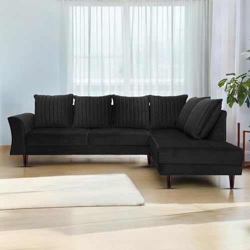 Image of Gratly RHS 4 Seater L Shape Sofa Set for Living Room (Black Colour) Premium Fabric Sofa