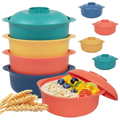 Oylnidea 4pcs Unbreakable Cereal Bowls- Microwave & Dishwasher Safe BPA-Free Plastic Striped Pot Bowls for Family Kids Camping - Non-Slip Eco Wheat Straw Soup Bowls (40oz)