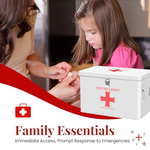 Image of Flexzion First Aid Box Organizer Empty with Lock - 13 inch White Vintage First Aid Kit Tin Metal Medical Box - First Aid Storage Bin Container with Dividers, Removable Tray and Red Cross Logo