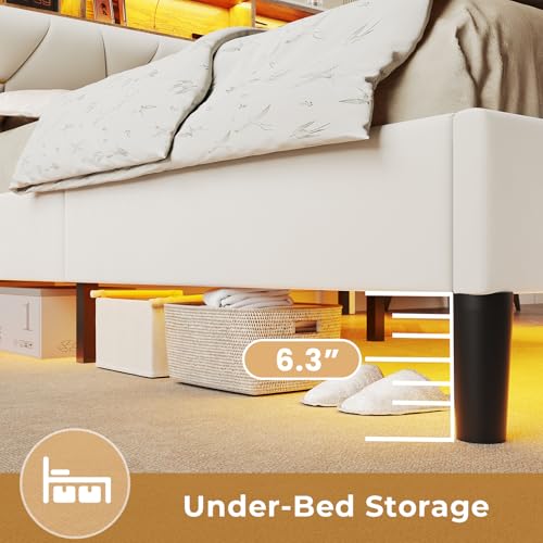 ADORNEVE Full Size Bed Frame with Led Lights and Storage Headboard, LED Bed Frame with Charging Station, Velvet Upholstered Platform Bed Frame Full Size with Shelf Headboard, Noise-Free, Creamy White - Thumbnail 7