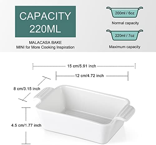 MALACASA, Series Bake.Bake, 190ML Mini Ramekins, Porcelain White Ramekins Dishes, Square Souffle Dishes Brulee Dish Baking Dishes with Double Handle, 15 x 8.5 x 4 cm, Set of 6