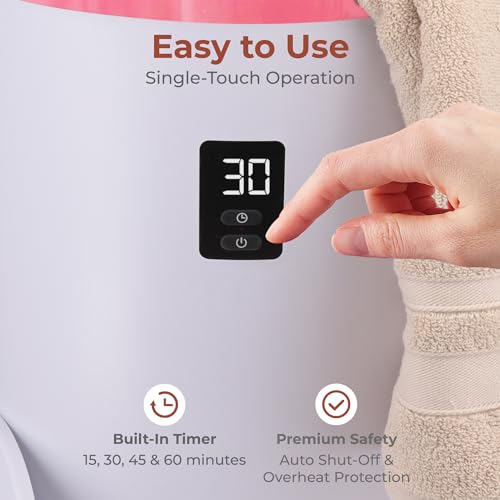Image of SereneLife Towel and Blanket Warmer - Single Touch Portable Towel Heater for Bathroom, Fragrant Disc Holder, LED Ring, 2 Large Towel Capacity, Built-in Timer (15-60 mins), Auto Shut-Off (Pink)