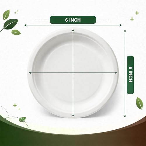 Image of Eco Aaroyaa Round Bagasse 6-Inch Disposable Plates - Eco-Friendly Disposable Plate for Food - Biodegradable Use and Throw Plates - Strong and Sturdy, Oil & Water Resistant (Pack of 50)