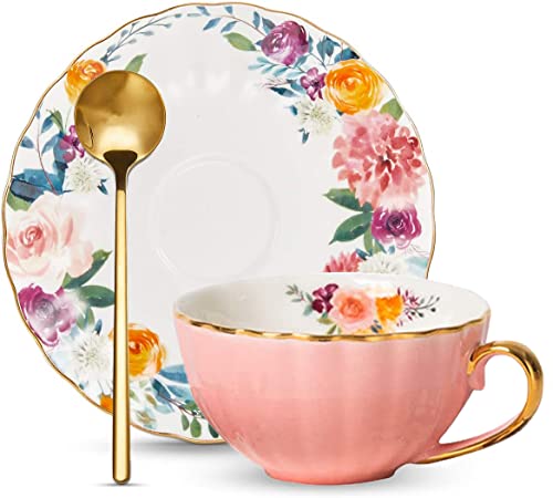 ONEUSTAR Tea Cup and Saucer Set for 1 Bone China English Tea Cup with Spoon Floral Teacup 8 oz British Coffee Latte Mug for Mother's Day Gifts, Pink
