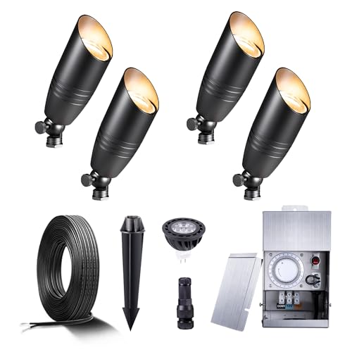 Gardenreet Black Brass Landscape Lighting Kit (4-Pack LED Spotlights) with Low Voltage Transformer...