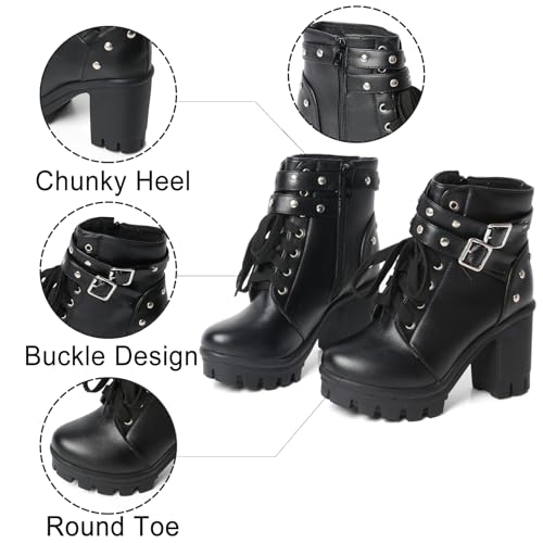 Image of FOREADA Goth Boots Chunky Heel Boot For Women Ankle Combat Booties Black Platform Bootie Buckle Rivets Punk Goth Shoes With Zipper