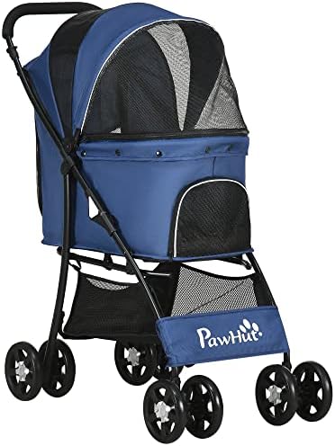 PawHut One Click Foldable Pet Stroller Dog Cat Travel Pushchair With EVA Wheels Storage Bags Mesh