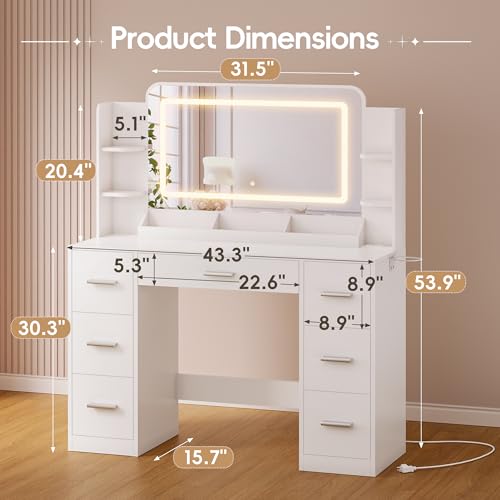 Image of Furmax Vanity Desk with Mirror with LED Light Strip, Makeup Vanity with 2 AC Outlets and1 USB＆1 Type-C Port, 3 Modes Adjustable Lighting Mirror, Modern Ample Storage Drawers Dressing Table, White