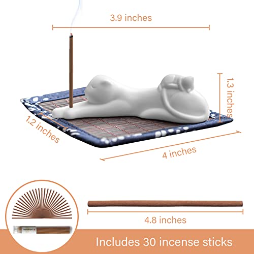 Essen Life Incense Holder Handmade Ceramic Incense Burner With 30 Sandalwood Insence-Stick Holder With Bamboo Mat, Cute Lazy Cat Decor Incense Holder For Sticks For Aromatherapy/Yoga/Meditation/Home #TOP6