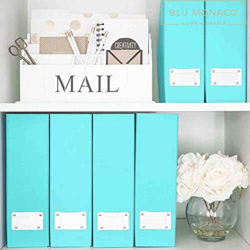 Set Of 6 Foldable Fun Aqua Magazine File Holders With White Leather Label Holders - Perfect Book Organizers For Classroom, Shelves, And Desk - Home Office Supplies Organization By Blu Monaco #TOP3