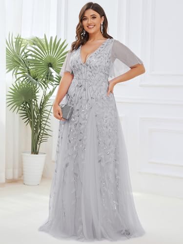 Image of Ever-Pretty Women's Sequin V Neck Plus Size Formal Dresses Evening Gown | Short Sleeve, A-Line, Empire Waist, Plus Size Mother of the Bride Dresses, Plus Size Gala Dress