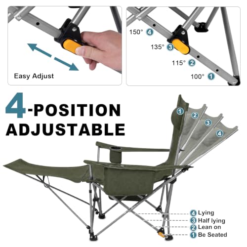 Image of Romswi 2Pack 4-Position Reclining Camping Chair with Removable Footrest, 2-in-1 Adjustable Portable Lounge Chair with Cooler Bag, Cup Holder, Side Pockets & Carry Bag for Outdoor, Olive Green