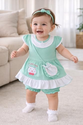 Image of Baby Girls Frock Dress with Bloomer Set | Short Sleeve Polka Dot Inner Layer & Bow Detail Special for 0-6 Months