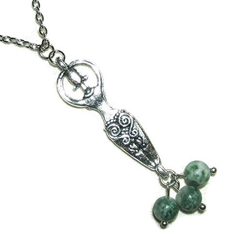 GAIA EARTH GODDESS Necklace Silver Pltd Pendant with GENUINE Green Speckled Stone Beaded Dangles Wiccan