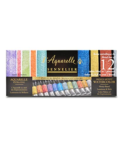 Sennelier Ensemble aquarelle pour artistes français, tubes de 10 ml, boîte en étain irisé 12 couleurs