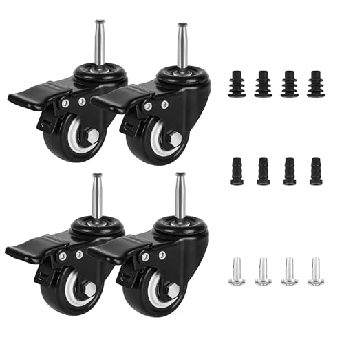 2 Inch Stem Casters Wheels with 5/16" x 1-1/2" (8x38mm) Stem, Set of 4 Furniture Wheels Replacement Parts with Iron and Plastic Sockets for Cabinet,Dolly,Crib,Trolley,Dining Carts(4 with Brakes)