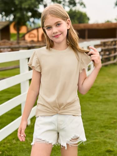 Image of Haloumoning Girls Ruffle Sleeve T Shirts Summer Crewneck Shirt 5-14 Years