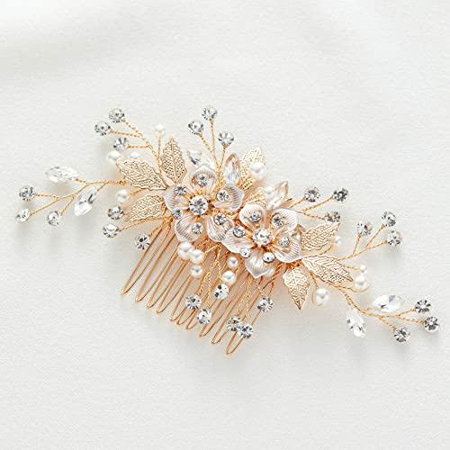 Sweetv Flower Bride Wedding Hair Comb Pearl Bridal Hair Accessories Crystal Hair Piece Jewelry Leaf Gold Headpiece Rhinestones Handmade Wedding Hair Accessories For Women And Girls #TOP19