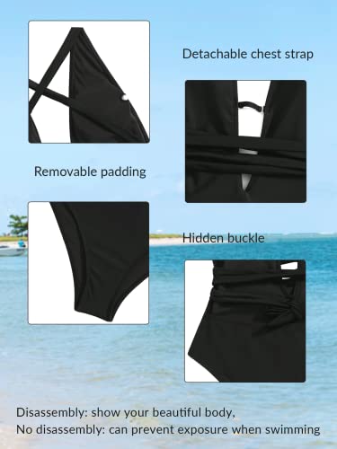 SweatyRocks Women's Sexy Basic Criss Cross Tie Knot Front Deep V Open Back One Piece Swimwear3