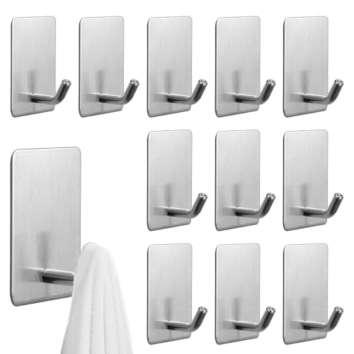 NAROSEBE 12 Pcs Ganchos Adhesivos para Pared Ganchos para Colgar Colgadores Adhesivos Resistentes Cuelga Toallas baño Adhesivo Ganchos Baño Acero Inoxidable Sin Taladro perchas Baño, Carga 3~4kg,Plata