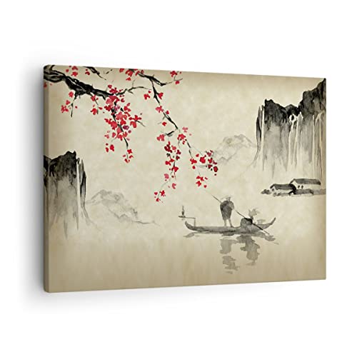 Moderne Impression sur Toile Fleur Cerises Japon Image Tableau Decoration Murale 70x50cm Deco Cadre Décoration Salon Chambre Cuisine Horizontal Tableaux...