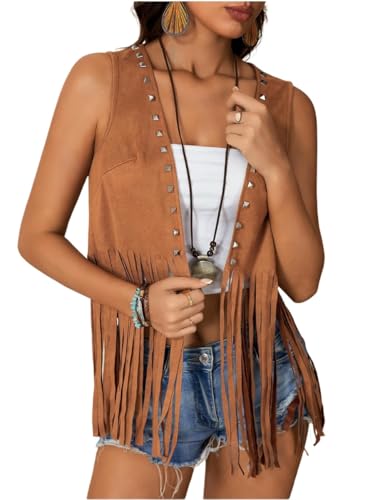 GORGLITTER Women's Western Fringe Vest Country Cowgirl Outfits 70s Hippie Faux Suede Tassel Jacket Cardigan3