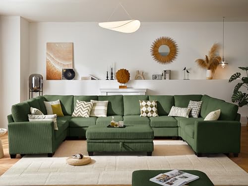 Image of CHIC HOUSE Modular Sectional Couch| Corduroy L Shaped Sleeper Sofa, U-Shape Sofa Bed Convertible Chaise with Storage Ottoman for Living Room Modern Furniture (Green, 12 Seater U-Shaped)