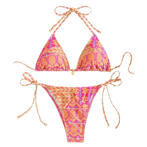 Bikini Brasileño para Mujer con Tirantes Delgados Estampado Vintaje Bikini Sexy con Parte Superior y Tanga con Cordón Ajustable Dos Piezas Conjunto Bañador Adecuado Viajes Playa Natacion (Orange, S)