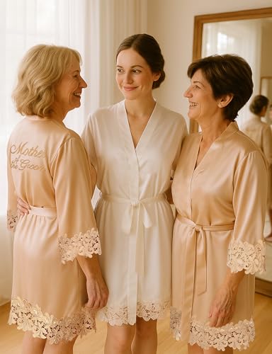Image of EPLAZA Bride Robe for Wedding Day Set Bridal Robe Lace Trim Silky Embroidery Satin Kimono for Bridal Party