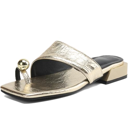 Women's Metal toe ring low chunky heel slides sandal Summer Square Open Toe Non-Slip Slip-on Clip Toe Beach block heel Fashion Dress Slippers for Oceanside Holiday Outdoor