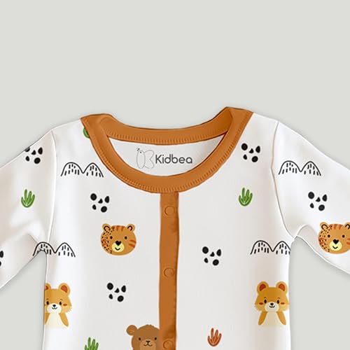 Image of Kidbea Organic Cotton Full Sleeves Romper | Animal & Dino Print Sleepwear (Orange & Olive, 12-18 Months)