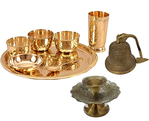 Traditional Brass Dinnerware Tableware Dinning Thali Set With Dinner Embossed Mount Bell Candlestick Tappers Candle Holder Use For Tabletop Home Anniversary Birthday Gift Christmas Diwali Etc. #TOP28