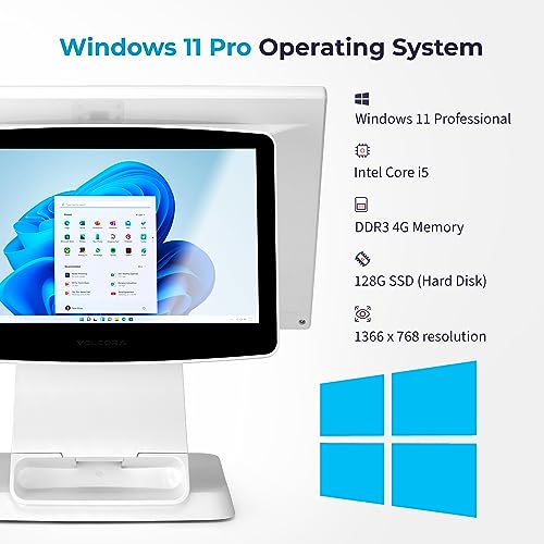 Retail and Restaurant POS Terminal Machine for Small Business, Point of Sale Cash Register with Windows 11 Professional, 15.6” & 11.6" Dual Touch Screen, White, Hardware Only by Volcora - Image 2