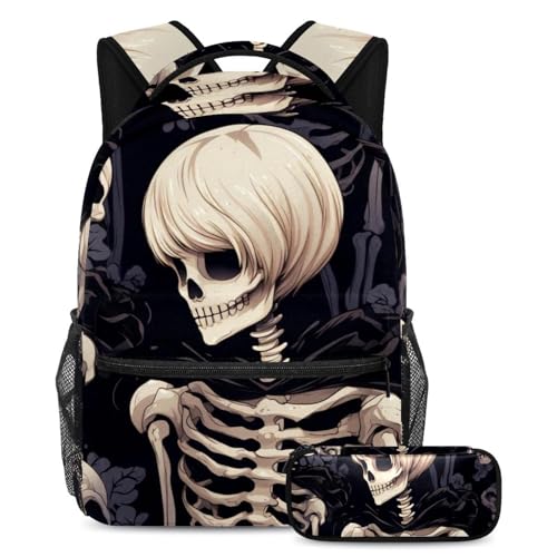 Sac à dos d'école motif tête de mort style foncé avec trousse pour étudiants