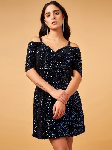 Image of DRAPE AND DAZZLE Women Shimmer Velvet Bodycon Dress with Shoulder Straps | Mini Dress | Western Dress for Women | DD-106